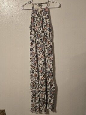 American Eagle Floral Halter Maxi Dress XS Cream Boho Lined